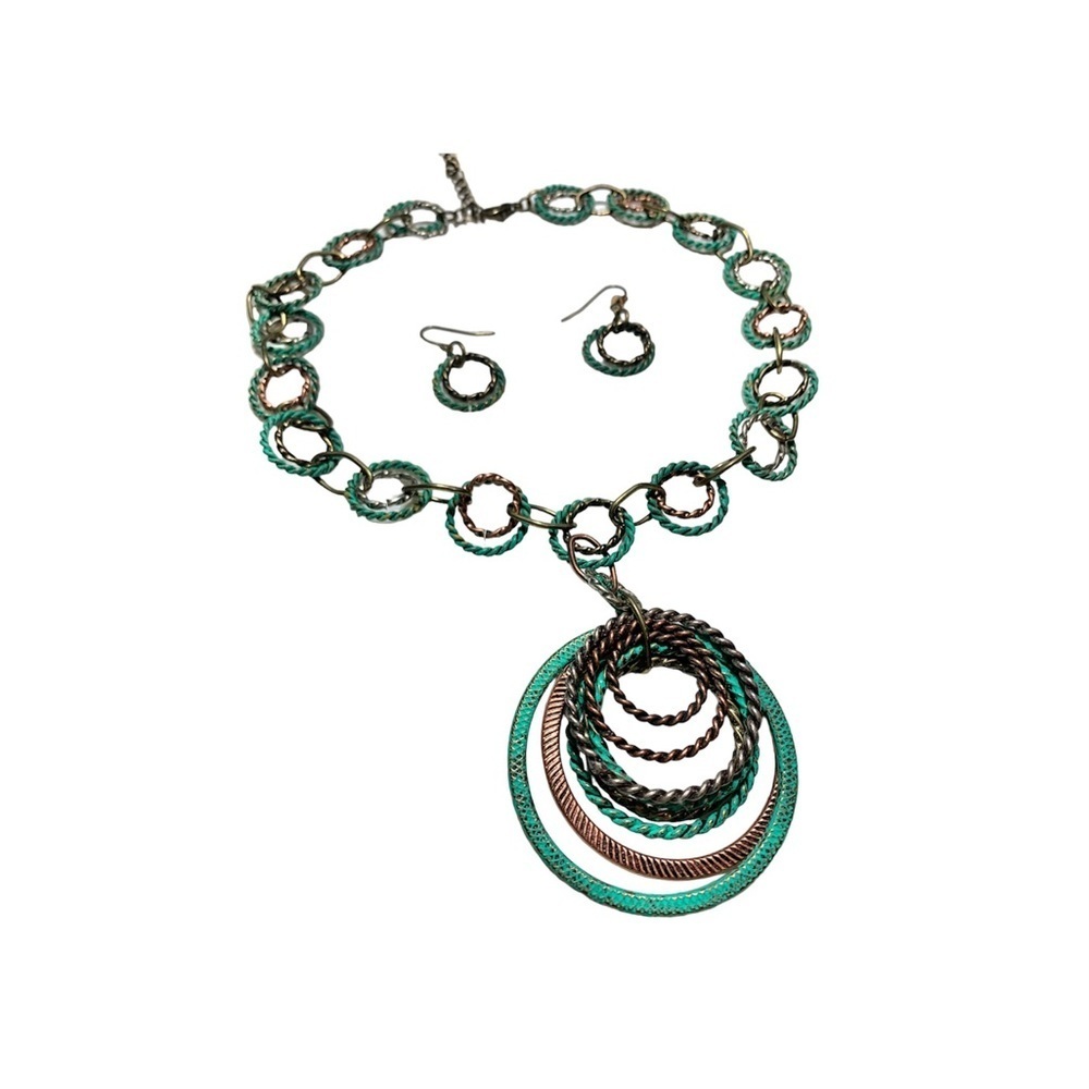🎒BTS SALE📚 Patina Green Boho Layered Wrap Circle Charm Necklace & Earrings, [2 p - Picture 5 of 7